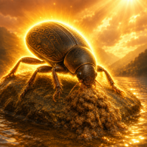 Dayunsi, a divine water beetle, retrieves earth from primordial waters amid a golden glow.