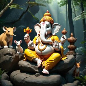 Image of Indian god Ganesh sitting in a forest at dawn