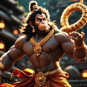 The Indian Monkey god Hanuman with a temple in the background