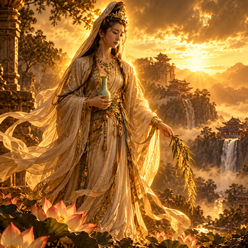 Guanyin, the Chinese goddess of mercy and compassion, standing in a flowing white and gold robe with a willow branch and sacred vase