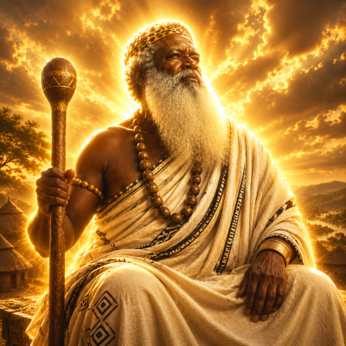 Katonda, the Baganda creator god, radiating a divine golden glow over the Ugandan landscape.