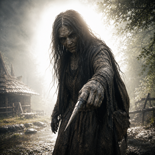 Image of the legendary witch Spearfinger with a sharp finger, symbolizing danger and cunning in folklore.
