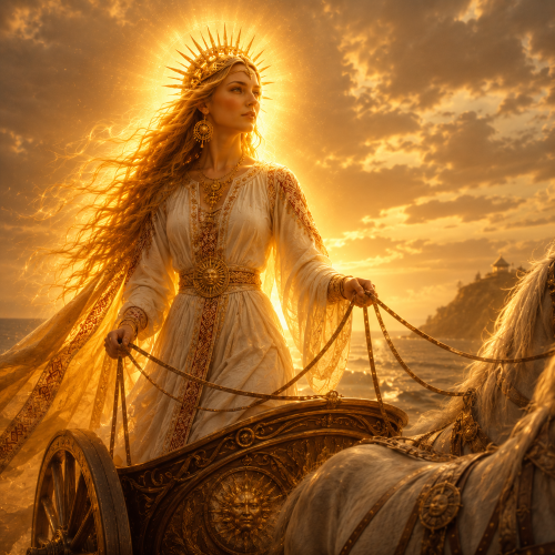 Saulė, the Baltic sun goddess, riding her golden chariot at sunset.