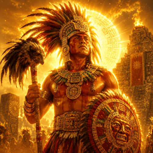 Image of Tonatiuh, the radiant Aztec sun god representing light, life, and cosmic energy.