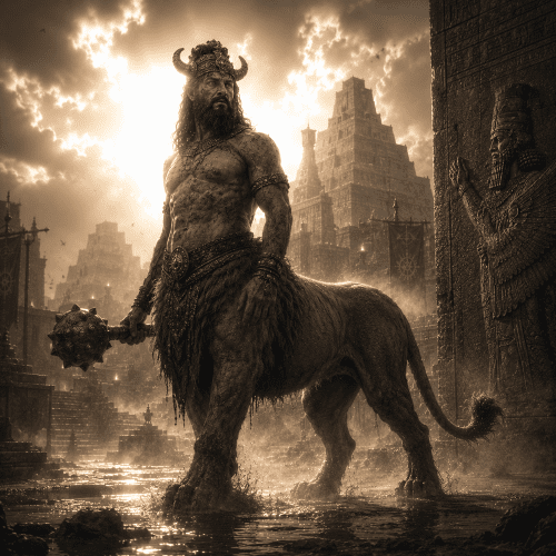Image of the mythical Urmahlullu, a lion-headed protective spirit from Mesopotamian mythology