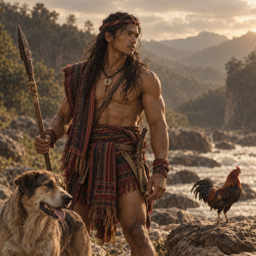 Lam-ang, the legendary Ilocano hero of Philippine folklore, stands muscular and battle-ready beside a rocky river