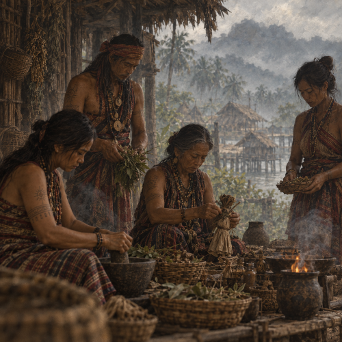 Four Mangkukulam practitioners in Filipino folklore performing a traditional kulam ritual with herbs, an effigy, and fire inside a rustic bamboo hut in a misty Philippine village.