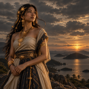 Tala, the Tagalog goddess of the stars, stands on a rocky shoreline overlooking a Philippine archipelago