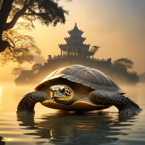 AI image of Rua, the Golden Turtle swimming through radiant waters with a luminous aura.