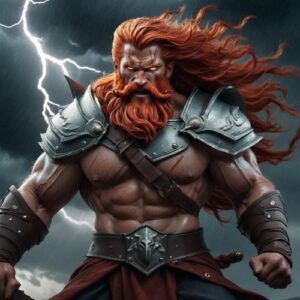 The Slavic God of Thunder and Lightning Perun standing under a stormy sky