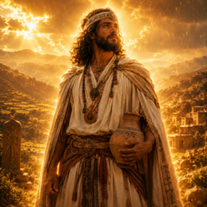 Anzar, the Berber god of rain, standing in a golden-lit mountain landscape with a divine aura and ceremonial Amazigh attire.