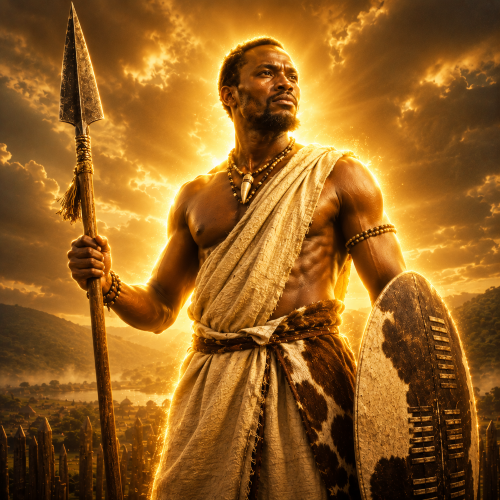 Kibuka, the Baganda god of war, standing with a spear and shield, surrounded by a subtle divine golden glow.