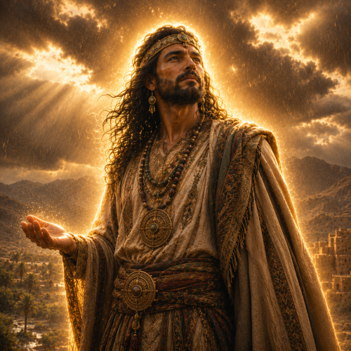 Yakush, Berber rain deity, standing in a rain-soaked Atlas mountain landscape with a subtle golden divine aura.