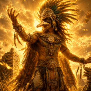 Image of Ehecatl, the Aztec god of wind and life, depicted with a duckbill mask and flowing air motifs