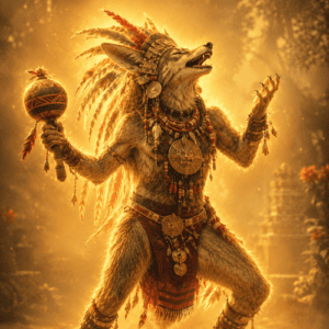 Image of the trickster and playful Aztec deity Huehuecoyotl, god of music, dance, and mischief