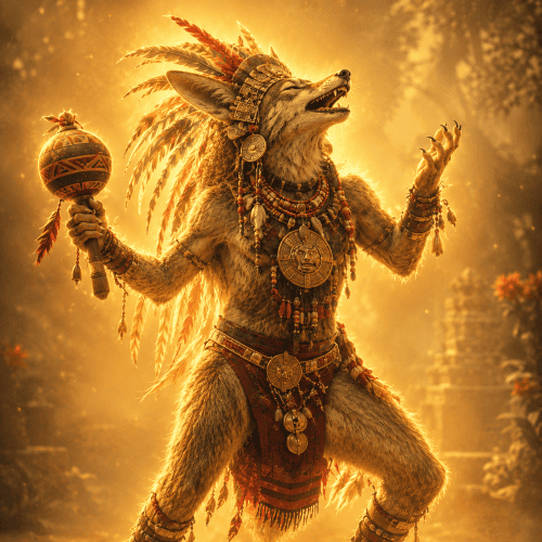 Image of the trickster and playful Aztec deity Huehuecoyotl, god of music, dance, and mischief