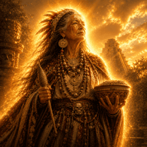 Image of Ilamatecuhtli, the Aztec goddess of death and fertility, depicted with traditional symbolic motifs.