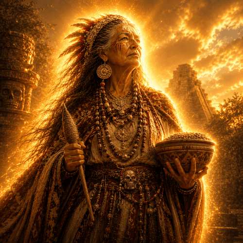 Image of Ilamatecuhtli, the Aztec goddess of death and fertility, depicted with traditional symbolic motifs.