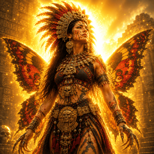 Image of the fierce obsidian butterfly goddess Itzpapalotl, symbolizing death, transformation, and protection.