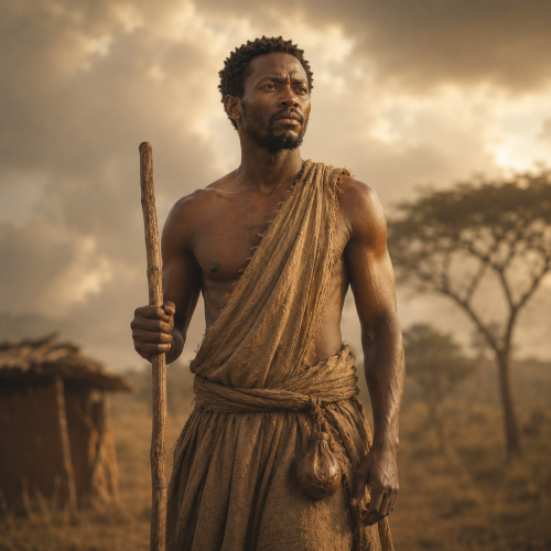 Kintu, the legendary first man of Baganda mythology, standing in the Ugandan savanna