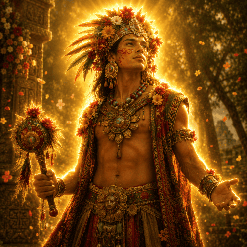 Image of the Aztec god of music, dance, and festivals, Macuilxochitl, embodying joy and celebration