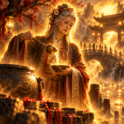 Meng Po, the Chinese goddess of forgetfulness, pours her mystical soup into a bowl beside a bronze cauldron