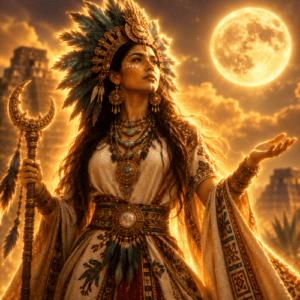 Image of the moon goddess Metztli, guardian of night and cycles in Mesoamerican mythology