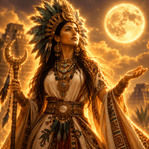 Image of the moon goddess Metztli, guardian of night and cycles in Mesoamerican mythology