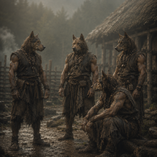 Sumpurņi, the dog-headed beings of Latvian folklore, gathered in a misty Baltic forest settlement.