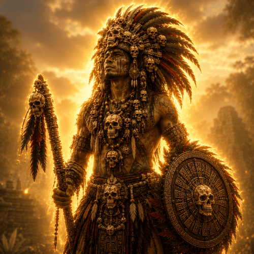 Teoyaomqui standing in an Aztec battlefield