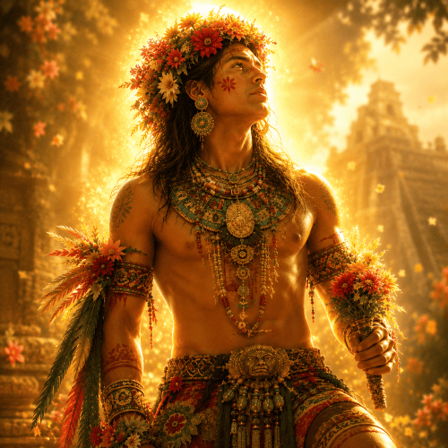 Xochipilli : The Aztec Flower Prince Who Ruled Joy and Ecstasy Xochipilli, the Aztec Flower Prince, depicted as a radiant young deity surrounded by an explosion of colorful tropical flowers
