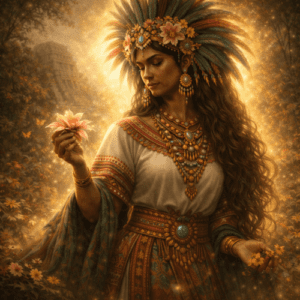 Image of Xochiquetzal, the vibrant Aztec goddess of love, beauty, and fertility.