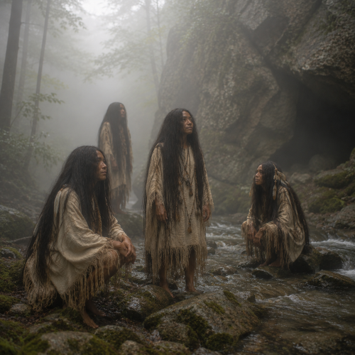 Four Yunwi Tsunsdi, the Cherokee Little People, gathered beside a misty forest creek near a rocky mountain shelter.