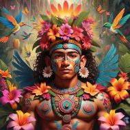 Xochipilli Xochipilli, the Aztec Flower Prince, depicted as a radiant young deity surrounded by an explosion of colorful tropical flowers