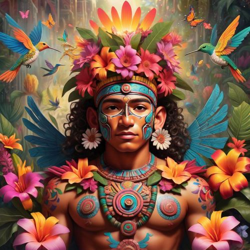 Xochipilli, the Aztec Flower Prince, depicted as a radiant young deity surrounded by an explosion of colorful tropical flowers