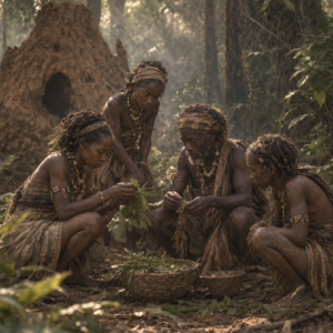 Four Aziza forest spirits from Dahomey mythology gather beneath a towering tree in a dense West African forest
