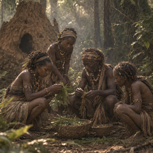 Four Aziza forest spirits from Dahomey mythology gather beneath a towering tree in a dense West African forest