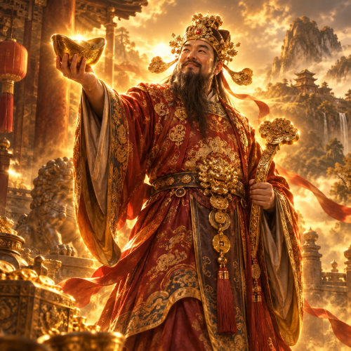 Caishen, the Chinese God of Wealth, depicted in ornate red and gold robes holding a golden ingot