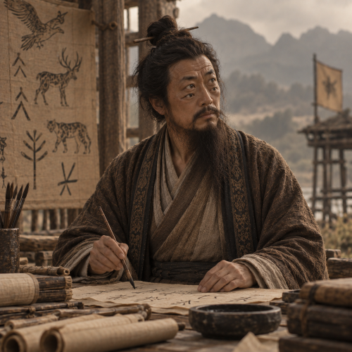 Cangjie, the four-eyed legendary Chinese scribe, writing early characters on scrolls