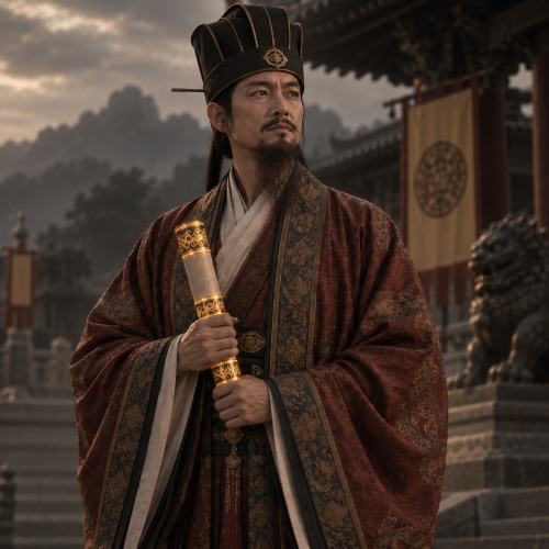 Cao Guojiu, one of the Eight Immortals of Chinese mythology, stands in traditional imperial robes holding a jade table