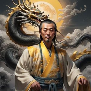 Chinese god of the sun and heavens Di Jun with a black dragon in the background