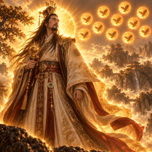 Di Jun, the celestial deity of Chinese mythology, standing in ornate imperial robes