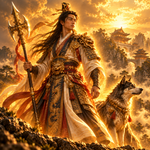 Erlang Shen, the three-eyed warrior deity of Chinese mythology, stands in ornate traditional armor holding a three-pointed double-edged blade