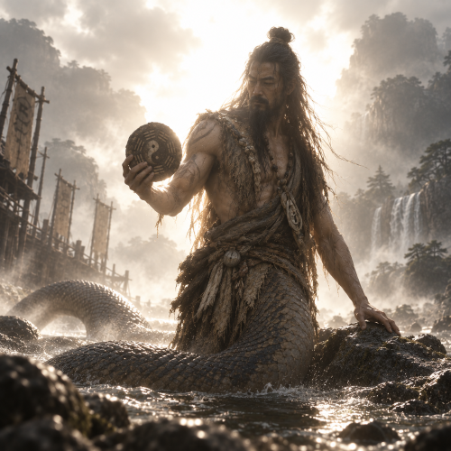 Fuxi, the Chinese mythological culture hero, depicted as a human-serpent hybrid