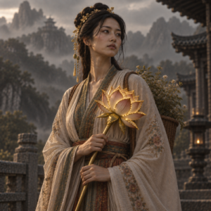 He Xiangu, a Chinese immortal, stands in a misty mountain temple courtyard holding a lotus
