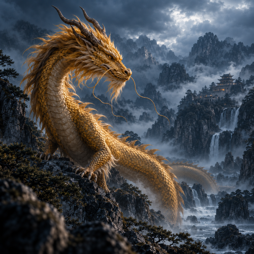 Huanglong, the Yellow Dragon of Chinese mythology, towering over a misty mountain valley
