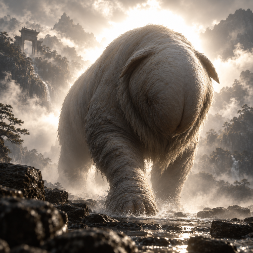 A colossal, shaggy Hundun emerges from a misty mountain stream