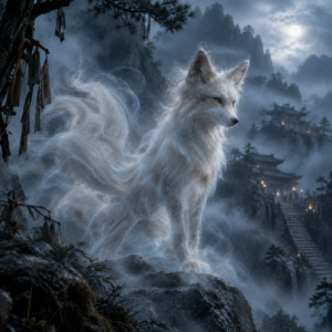 Huxian, white fox spirit with multiple flowing tails emerges from mist on a rocky mountain ledge