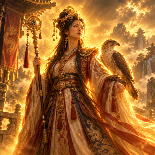 Jiutian Xuannu, the Chinese goddess of war and celestial wisdom, stands in ornate red and gold robes