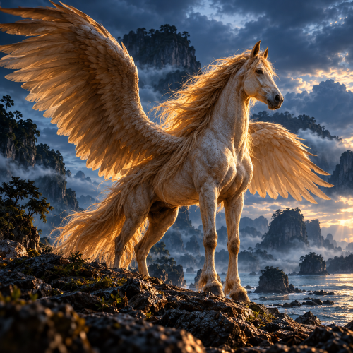 Kuda Sembrani, a majestic golden-white winged horse, standing on a rocky Malaysian coastline